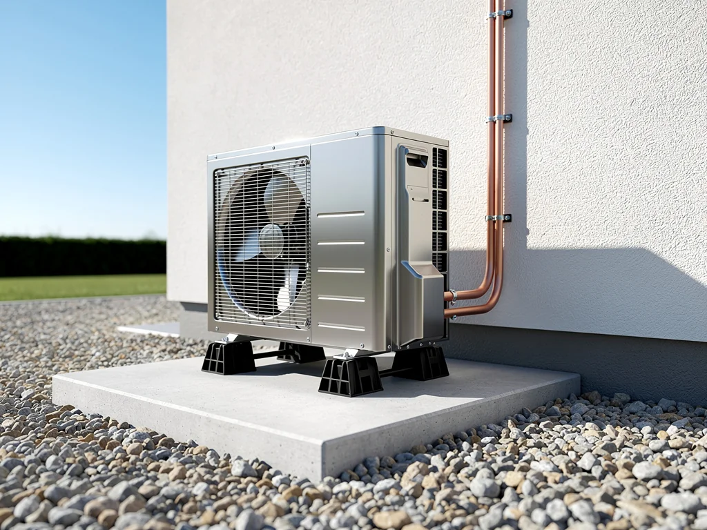 Groupe extérieur de climatisation posé sur plots antivibratiles le long d'une façade
