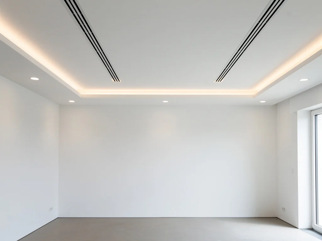 Grilles de soufflage d'une climatisation gainable encastrées dans un plafond neuf